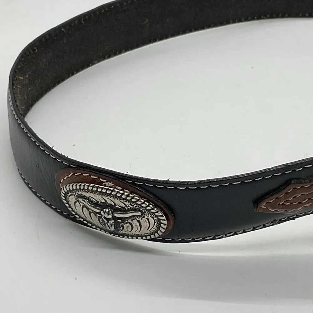 Nocona Brown And Black Leather Belt with Silver Toned embellishments